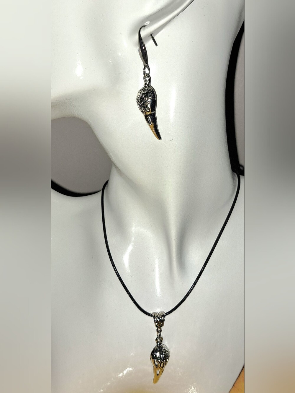 Antique Silvertone Bird Skull Pendant & Earring Set, 316 Stainless Steel Hooks
